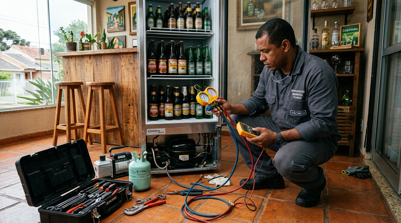 Técnico realizando manutenção de motor de cervejeira em Aparecida de Goiânia‑GO