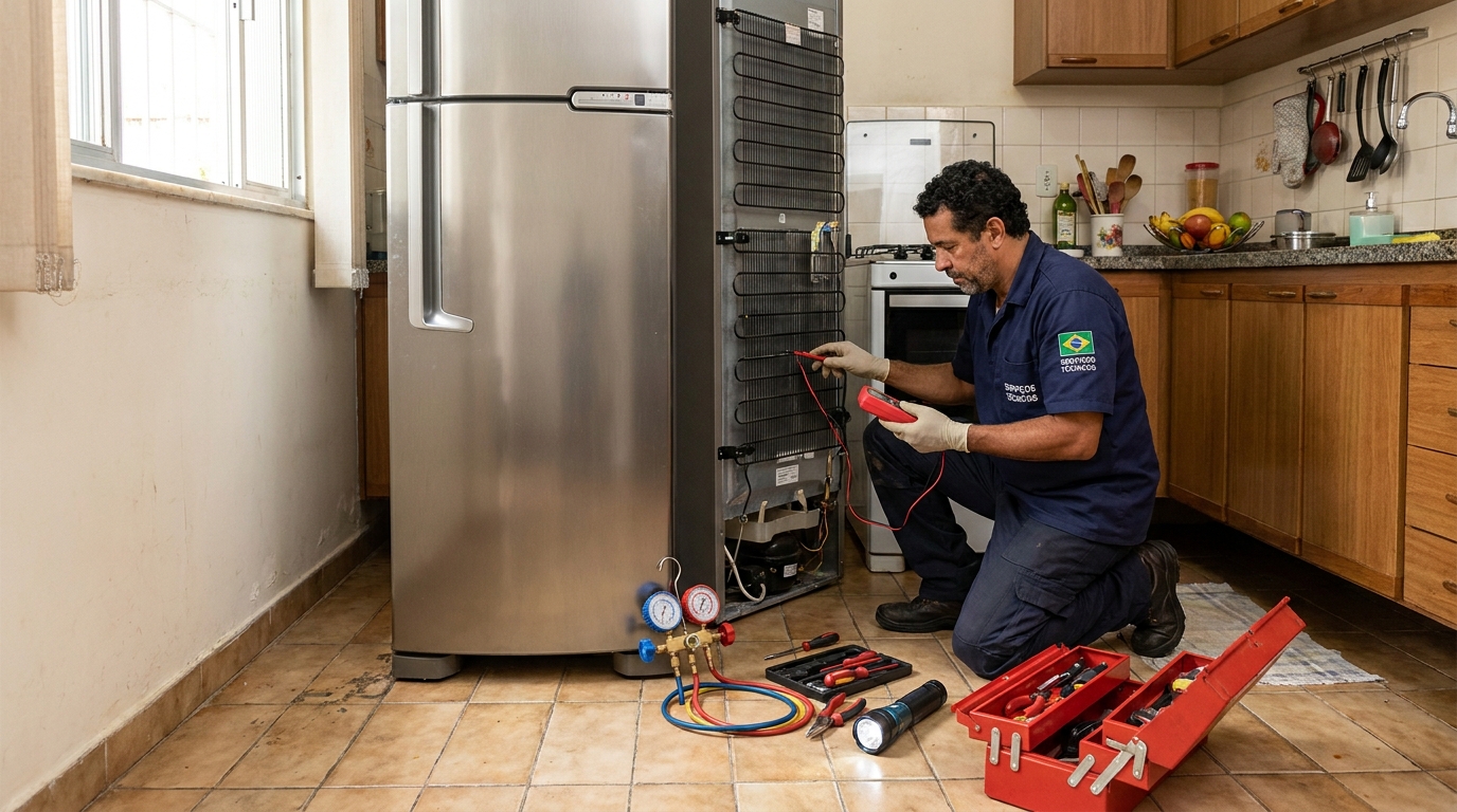 Técnico realizando manutenção de motor de geladeira em Aparecida de Goiânia‑GO