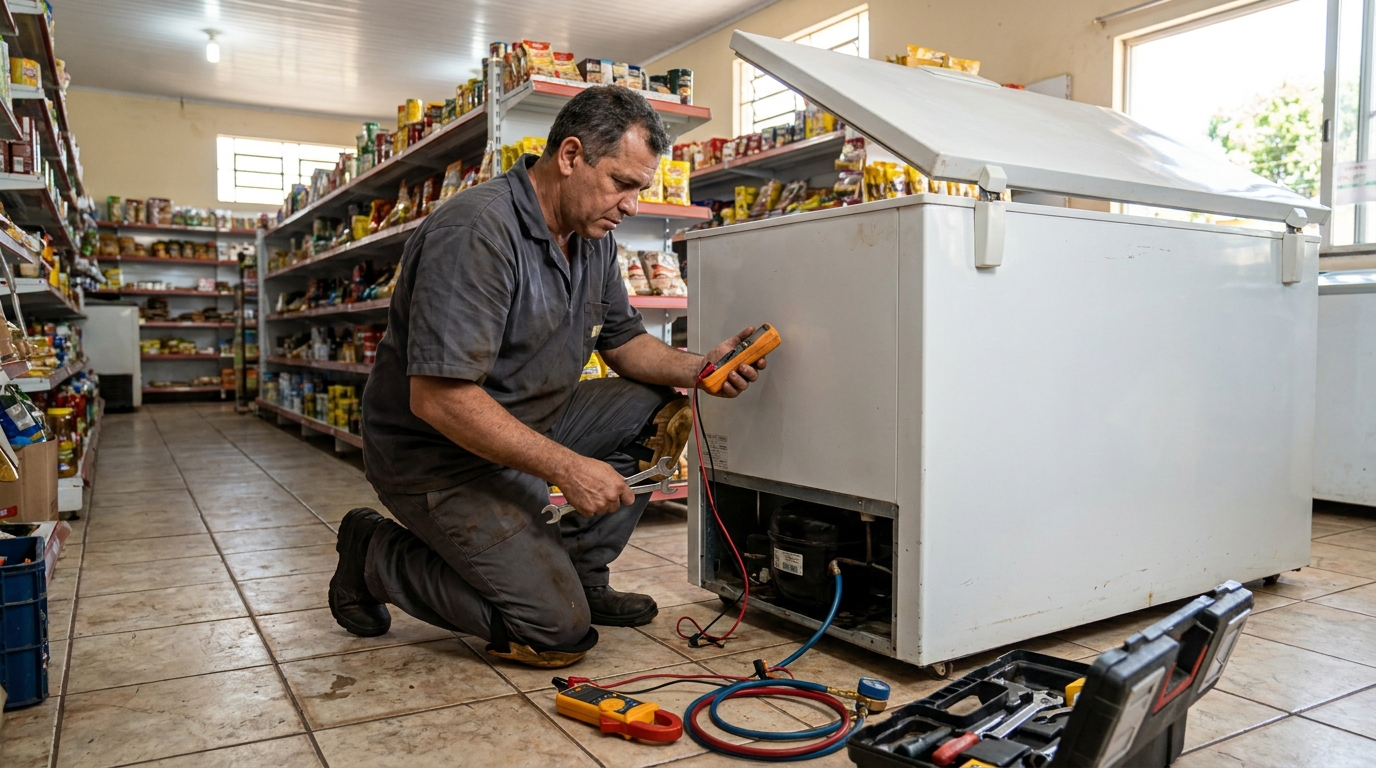 Troca de termostato de freezer em atendimento técnico em Aparecida de Goiânia‑GO